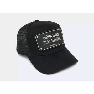 John Hatter & Co WORK HARD PLAY HARDER Black Trucker Hat- RUBBER PLAQUE- NWT